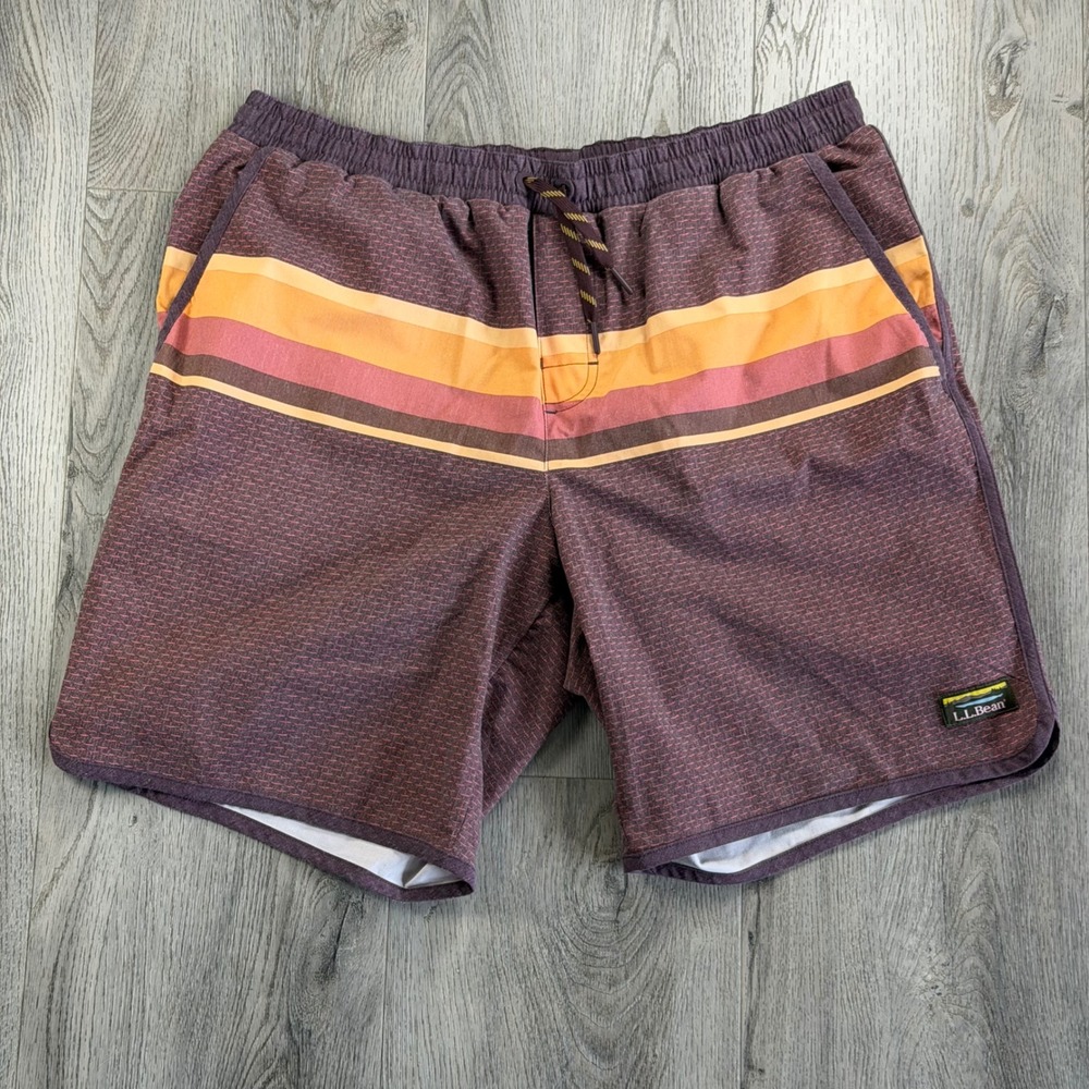 LL Bean Mens L Hybrid Swim Shorts Burgundy Orange Striped Board Trunks 516055